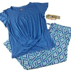 Muk Luks Cloud Knit Cropped Pants Pajama 2 Pc Set Women's Size Medium Blue Ikat